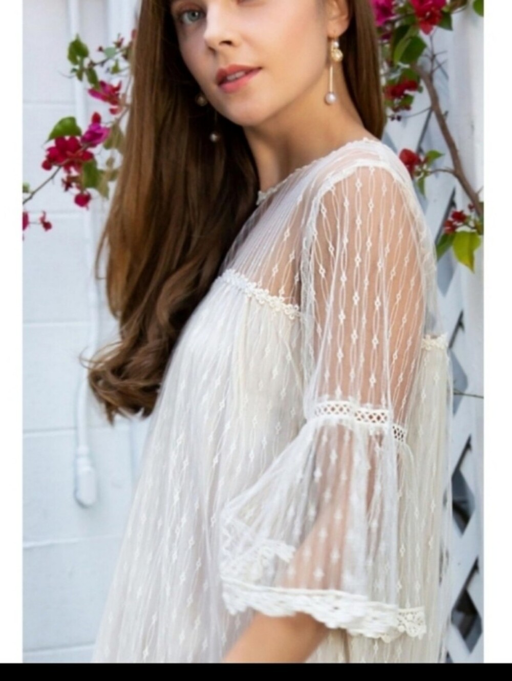 POL Sheer Ivory Lace Floral Embroidered Overlay Dress With Belle Sleeves Sz S - Picture 3 of 16